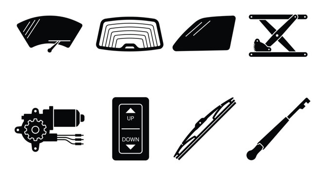 Set of car parts vector illustration. window wiper, car window, car jack and power window switch