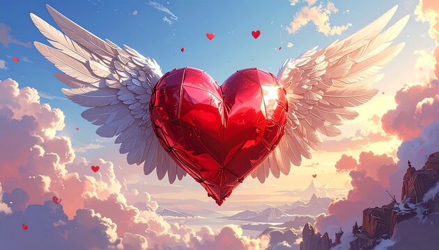 Winged Heart Soaring Through Clouds - A Valentines Day Dream.