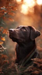 beautiful dog in a meadow at sunset