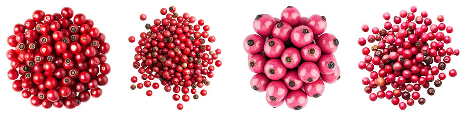 Clusters of vibrant red peppercorns arranged in groups. The image captures the freshness and boldness of the peppercorns.