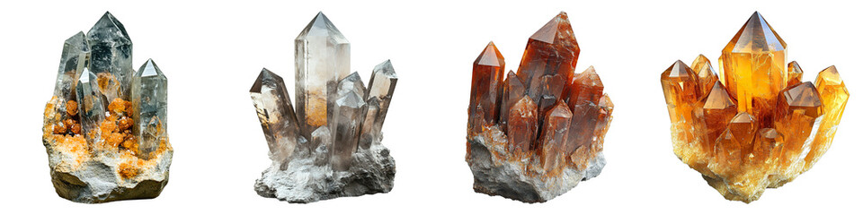 Four vibrant mineral crystals on display with their unique colors and natural shapes.