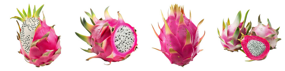 Bright and colorful close-up of dragon fruits. Four dragon fruits arranged in a row against a plain background.