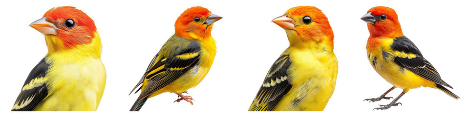 Four colorful birds in different poses, showcasing their vibrant plumage. Each bird has a unique stance, allowing for a comprehensive view of their beauty.