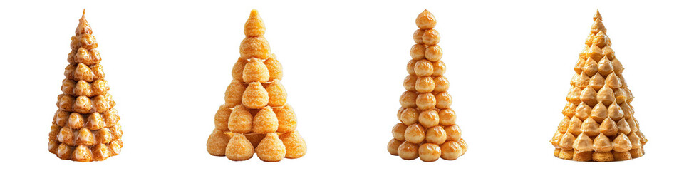 Close-up of four delicious Croquembouche pastries on display. They are cone-shaped and constructed with a variety of cream puffs, perfect for any special occasion.