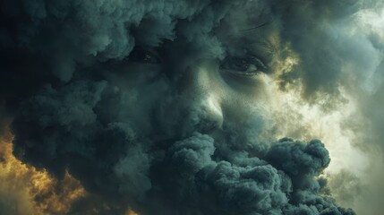 Swirling industrial smoke creating an ominous child's face, Abstract representation of pollution.