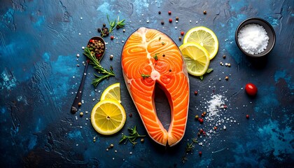Fresh Salmon Steak with Lemon and Herbs on Dark Background.
