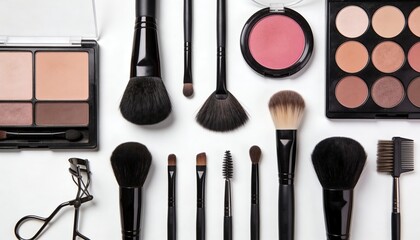 Professional Makeup Brushes and Cosmetic Palettes Flat Lay