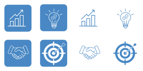 Business strategy and success icon set featuring growth charts, creative ideas, handshake, and target symbols in blue and white flat line style, transparent background 