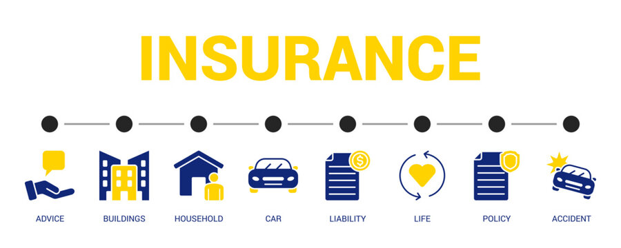 Insurance Solid Blue Yellow Color Icon Set For Web Banner. Vector Illustration Concept With Some Icons. Designed In Solid Blue Yellow Color Style