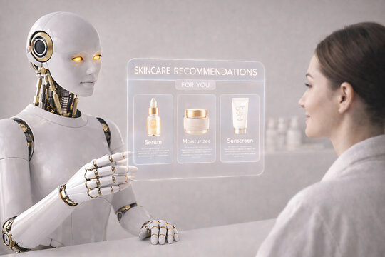 A humanoid robot offers personalized skincare recommendations to a client, highlighting the role of AI in beauty technology and health consultation.
