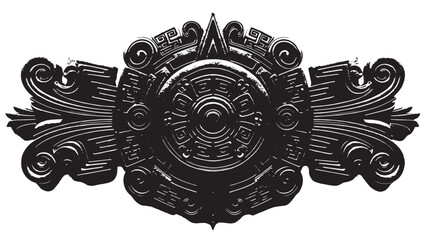 Elaborate black ornamental belt buckle with intricate tribal patterns and symmetrical scrollwork.