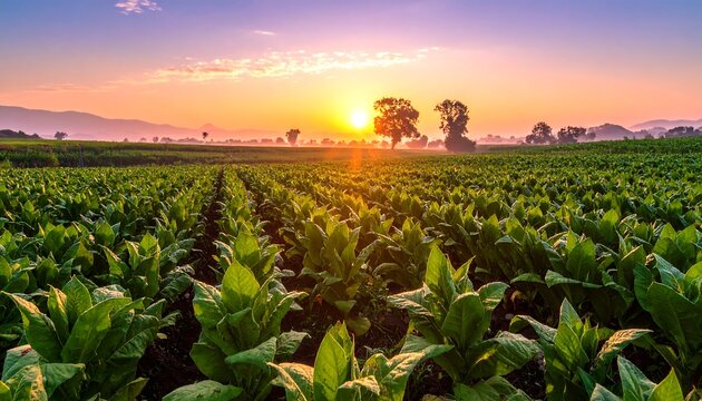 Sunrise over a lush green tobacco field in the countryside.