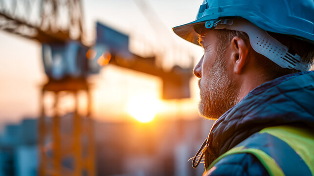 Construction Worker at Sunset, hardhat wearing man at work concept image