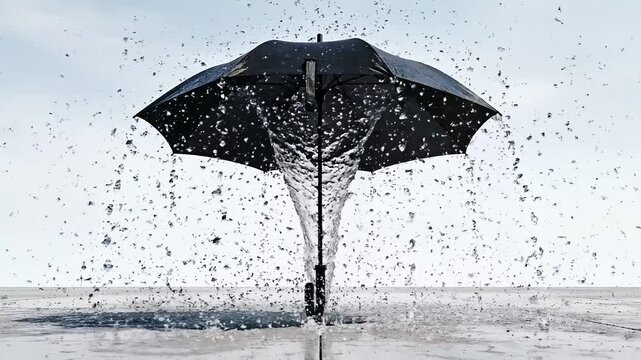 Umbrella standing still as rain falls upward into the sky in bright daylight, surreal and humorous concept symbolizing office work stress and mental overload video
