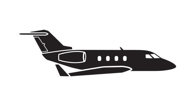 Black silhouette private jet in flight, sleek small aircraft profile.