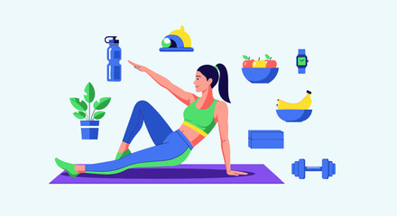 Woman Exercising on Yoga Mat with Fitness Equipment.