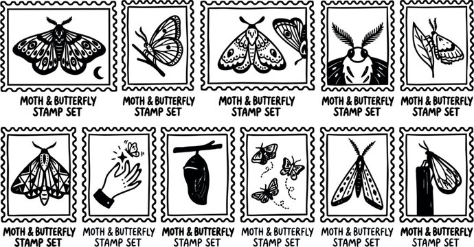 Tattoo flash hand drawn moth and butterfly stamp set close up sheet with chrysalis and hand releasing butterfly black line art