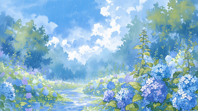 初夏の日本庭園に咲く紫陽花 雨の気配とともに感じる和の情緒 背景演出や素材におすすめ