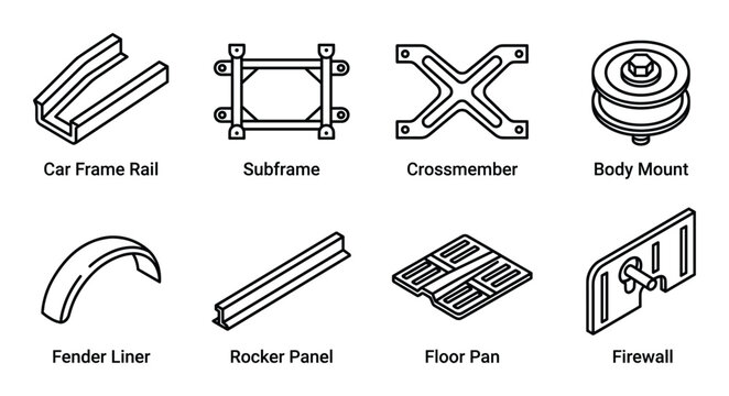 Automobile chassis and body structure components icon set with frame rail subframe and floor pan