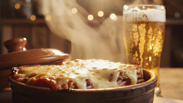 Hot Cheesy Casserole in Clay Pot with Beer representing Winter Comfort Food and Pub Dining