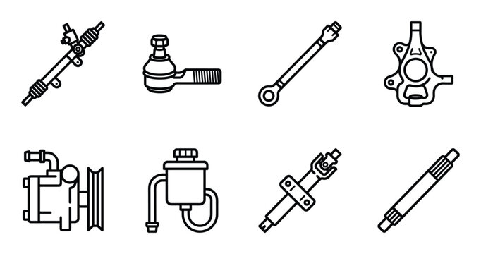 Automotive steering and suspension components set featuring rack pinion tie rod and steering shaft