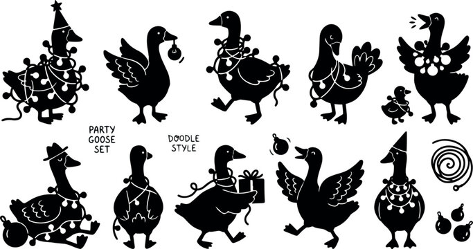 Doodle style whimsical party goose illustrations showing decorated geese wearing hats and string lights celebrating christmas with playful silhouettes arrangement