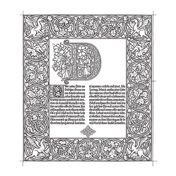 Ornate illuminated manuscript page featuring a decorative initial with an intricate border design.
