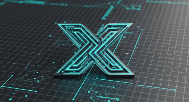 X Alphabet Monogram with Glowing Cyan Circuit Lines and 3D Digital Grid