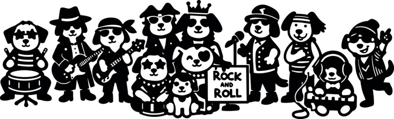 Naklejka premium Silhouette illustration close up of twelve dog musicians in rock band lineup playing guitars drums keyboard and singing with sign banner