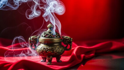 Fototapeta premium Golden oriental censer emitting fragrant incense smoke on red background. Traditional spiritual ritual for meditation and relaxation concept.