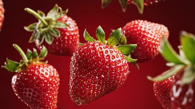 A vibrant display of fresh strawberries floating against a lush red backdrop, perfect for