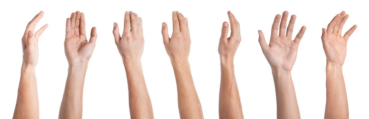 Man showing his hands from different sides on white background, closeup. Collage