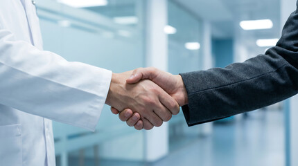 Doctor handshake with patient in modern hospital corridor medical consultation trust agreement and healthcare service partnership close up
