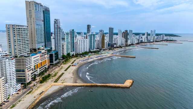 Aerial view Bocagrande Cartagena skyline beach and stone breakwaters ocean front