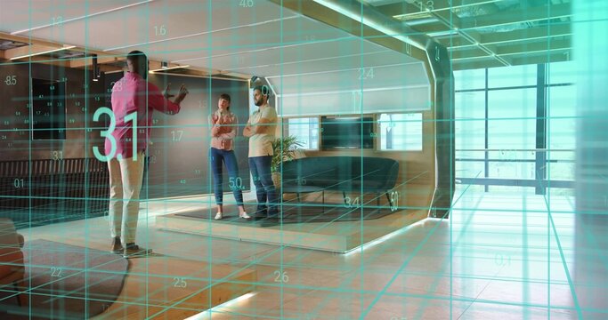 Presenting man in pink top gesturing on office lounge platform, showing teal augmented reality grid - Powered by Adobe