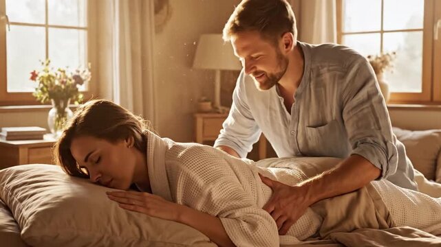 Relaxing back massage in bed by a man for a woman at home creating wellness and love