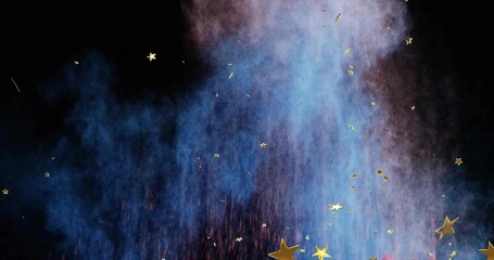Rising blue-violet plume swirling over black backdrop, with gold star confetti and ember sparks
