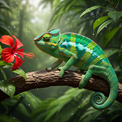 Obraz premium Vibrant chameleon on branch near red flower in lush tropical environment