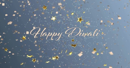 Displaying calligraphic Happy Diwali text glowing on digital greeting card, with gold star confetti