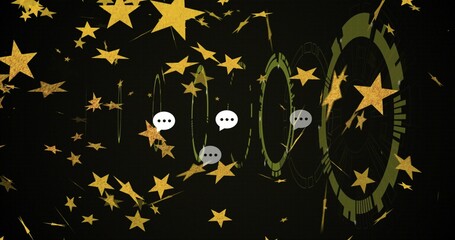 Obraz premium Floating gold foil stars and three olive-green HUD rings on dark dotted grid with speech bubbles