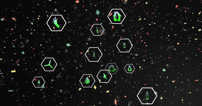 Floating hex ecoicons showing footprint leaf water droplet recycling and wind symbols in dark void