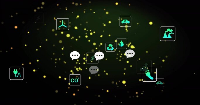 Floating center turquoise icons drifting over dark green field with yellow bokeh and speech bubbles