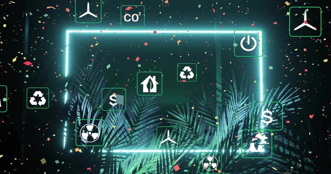 Glowing neon frame dominating studio scene, intersecting teal palm fronds and green icon badges