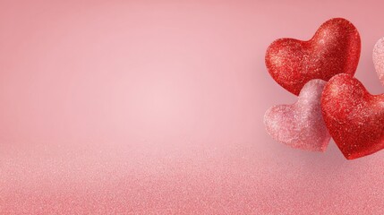 Fototapeta premium Glittery red and pink heart decorations on pink glitter background, romantic love and Valentine's Day concept for greeting and celebration