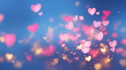 Floating pink and red hearts with golden bokeh lights against deep blue background, romantic love concept for Valentine's Day and festive celebrations