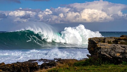Dramatic ocean wave crashing near rocky coastline under a cloudy sky.