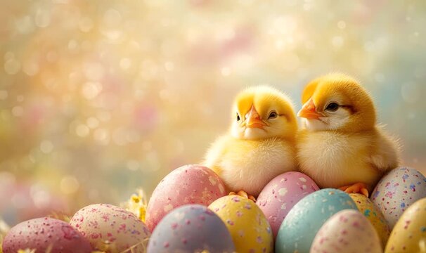 Adorable newborn yellow chicks cuddling together among colorful speckled easter eggs. A heartwarming spring scene celebrating the holiday season