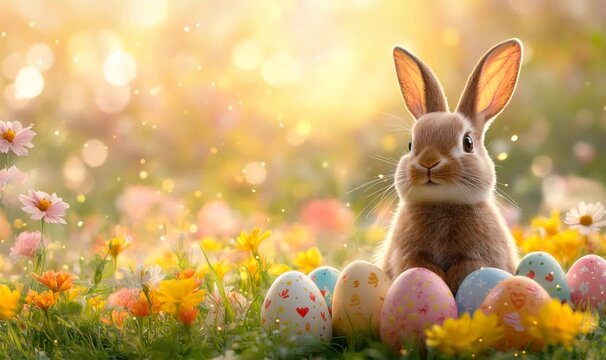 Adorable easter bunny sitting in a sunny spring meadow. Colorful painted eggs rest in the lush grass surrounded by blooming flowers