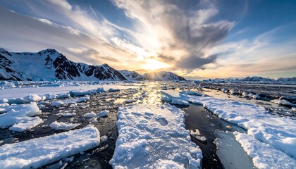 Arctic Landscape with Ice Floes and Mountain Backdrop at Sunset.