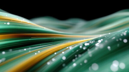 Captivating Flowing Waves of Vibrant Green and Gold Energy with Soft Sparkling Bokeh Effects Against a Dark Background for Abstract Design Purposes